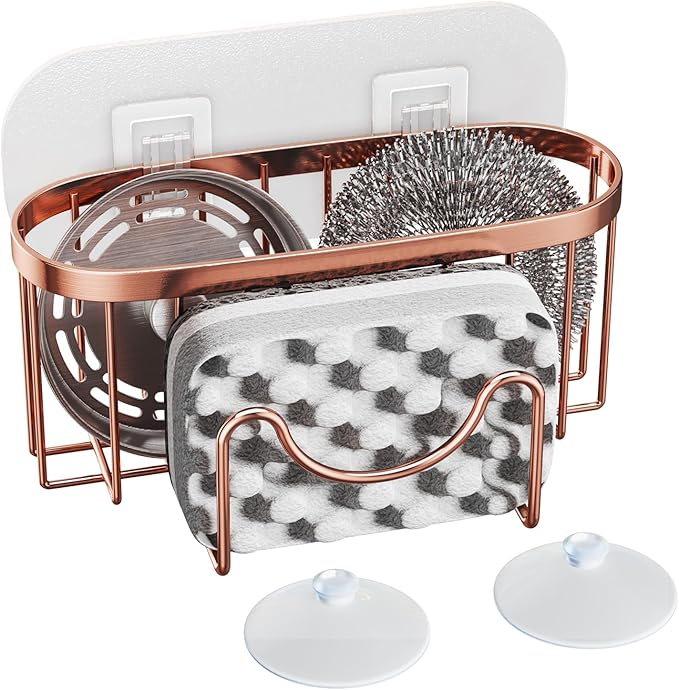 HapiRm Multifunctional Sink Sponge Holder with Unique M-Shaped, 2 Installation Ways Kitchen Sink Caddy, Stainless Steel Kitchen Organizer for Sponge, Brush and Scraper - Rose Gold
