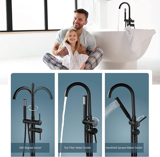 Aolemi Floor Mount Bathtub Faucet Freestanding Tub Filler Standing High Flow Shower Faucets Shower Mixer Taps, Swivel Gooseneck Spout with Cylinder Handheld Matte Black