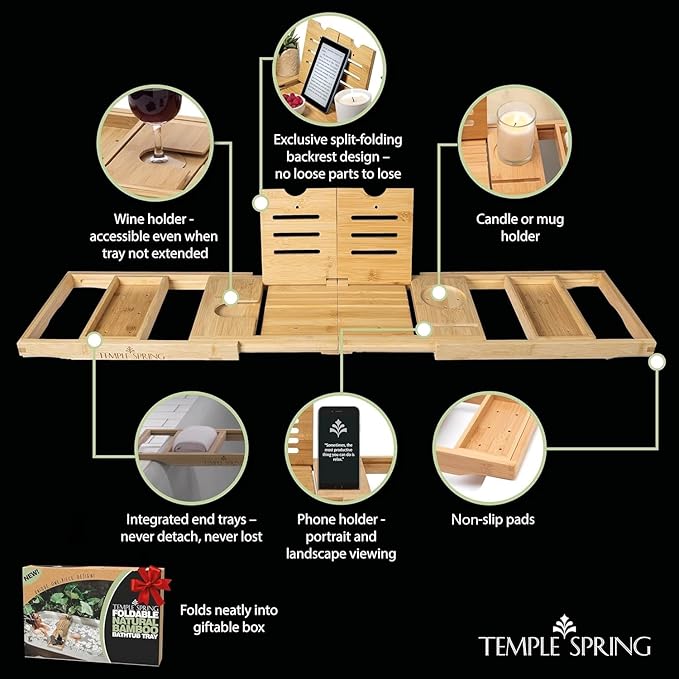 Temple Spring Foldable Bathtub Tray, Unique Design Selfcare Bathroom Caddy, Bamboo Spa Bathroom Tray, Wooden Bathtub Accessories, Wedding Gift/Birthday Gift/New Home Bath Table