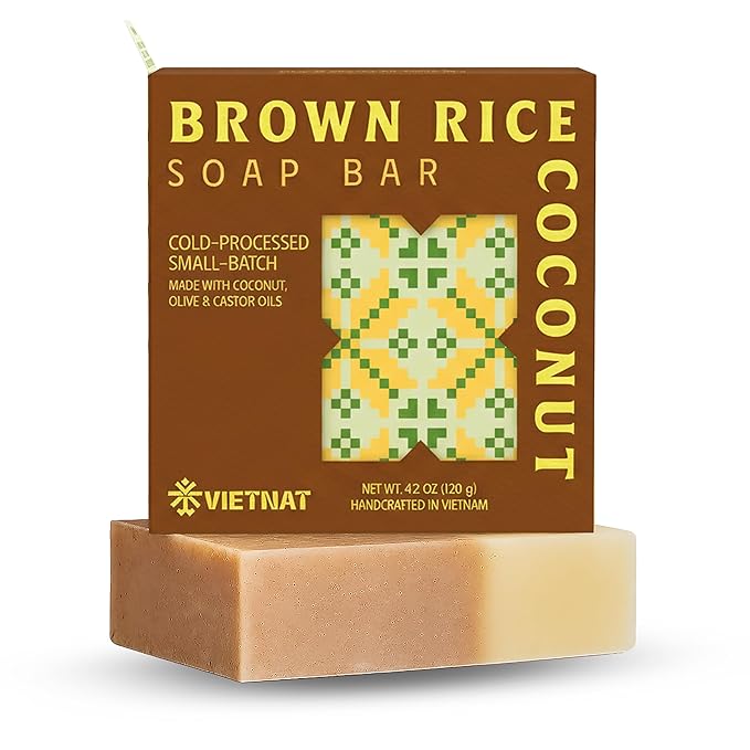 Brown Rice & Coconut Milk 2-in-1 Luxurious Natural Soap Bar (4.2 oz) | Gentle Exfoliation & Nourishing Cleanse | Cold-Processed, Handmade in Vietnam for Smooth, Fresh Skin (Pack of 1)
