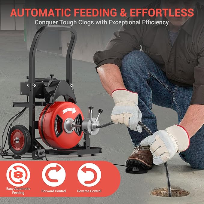 Electric Drain Cleaning Machine 75Ft 1/2 Inch, 450W Auto Feed Portable Sewer Snake, Drain Auger with 6 Cutter and Air-Activated Foot Switch for 2"–4" Pipes