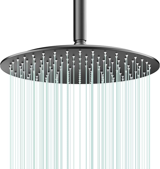 All Metal Rain Shower Head - Heavy Duty Stainless Steel, Easy Install, High Water Flow, Ultra-Thin Modern Design for Bathroom (D-Matte Black, 12)