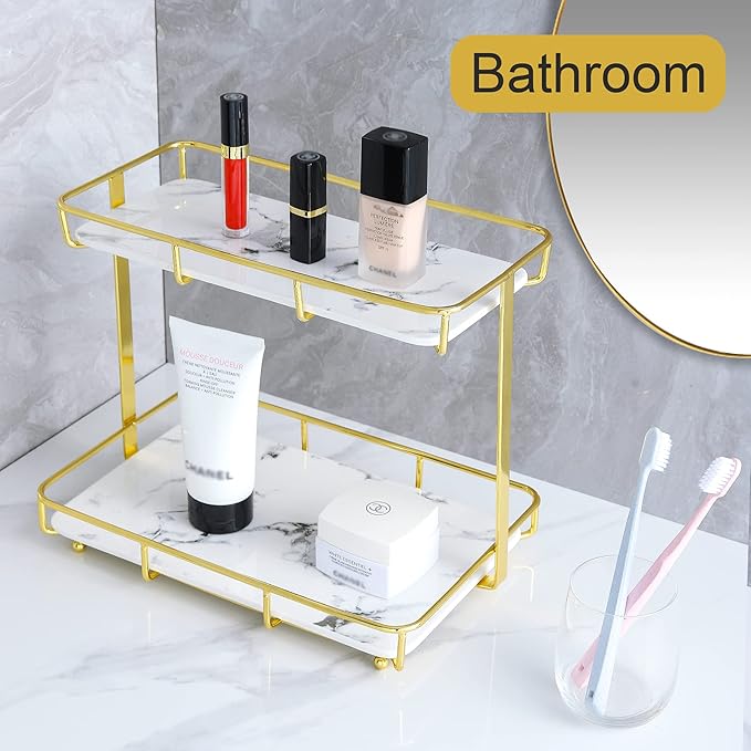 Bathroom Organizer Countertop Perfume Organizer Makeup Organizer Cosmetics Storage Display Rack Vanity Tray Dresser Stainless Steel Gold Shelf White Marble Ceramic Tray