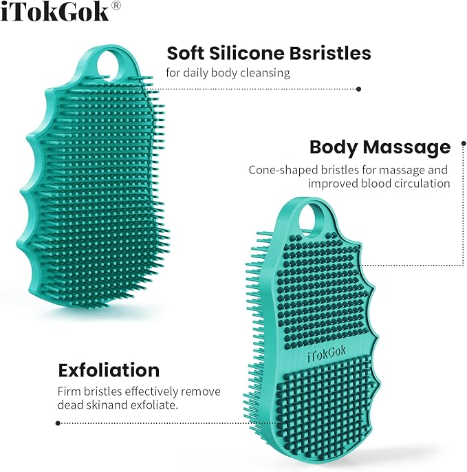 Silicone Body Scrubber Silver-Infused Dual-Sided 3-in-1 for Shower, Body Cleaning+Massage+Exfoliator Body Brush Buffer for Men and Women, Silicone Loofah, Non-Slip Handle (Mint Green)