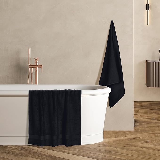 GLAMBURG Premium Cotton 4 Pack Bath Towel Set - 100% Pure Cotton - 4 Bath Towels 27x54 - Ideal for Everyday use - Ultra Soft & Highly Absorbent - Black