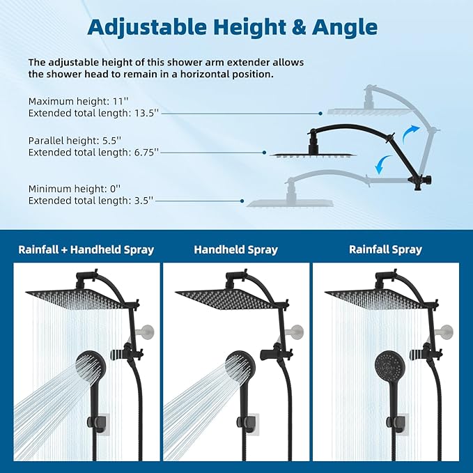 Hibbent All Metal Shower Head, 10'' High Pressure Rain Shower Head/Handheld Showerhead Combo with 16'' Adjustable Extension Arm, 10 Sprays, 71'' Hose, Adhesive Showerhead Holder, Matte Black