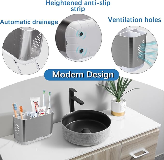 Toothbrush Holders for Bathroom Organizer Countertop, Detachable Anti-Slip Large Electric Toothbrush Holders, Brushed Nickel Toothbrush and Toothpaste Storage Caddy Drainage for Family, Kids