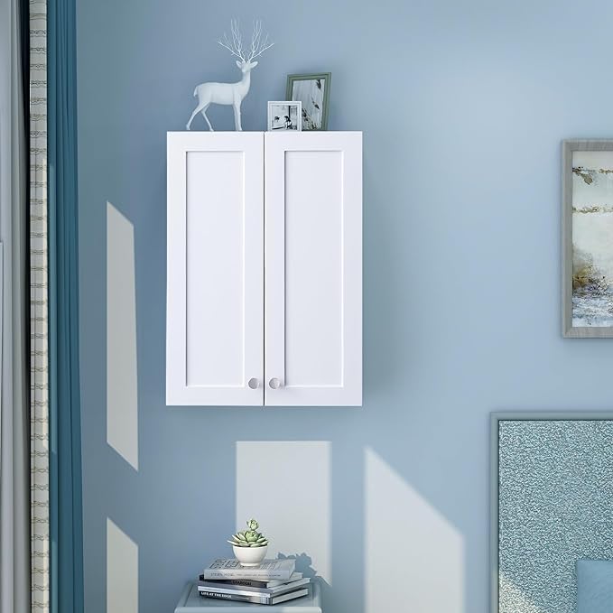 White Wall Mount Cabinet, MDF Over The Toilet Storage Cabinet with Adjustable Shelves, Space Saver 2 Door Medicine Cabinet for Bathroom Laundry Kitchen, 19x 27in, No Paint Odor