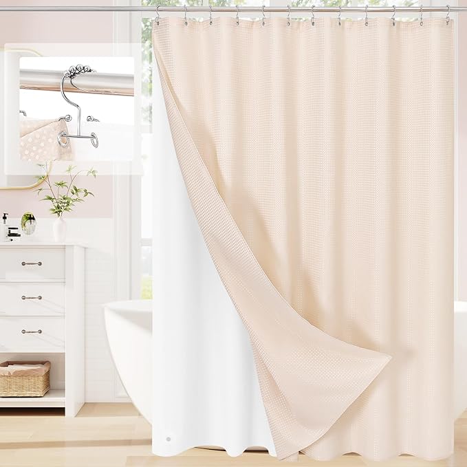 3 in 1 Long Blush Pink Shower Curtain Set-72 W x 78 H, Modern Waffle and PEVA Liner Set with 12 Stainless Steel Hooks, Waterproof Fabric for Bathroom