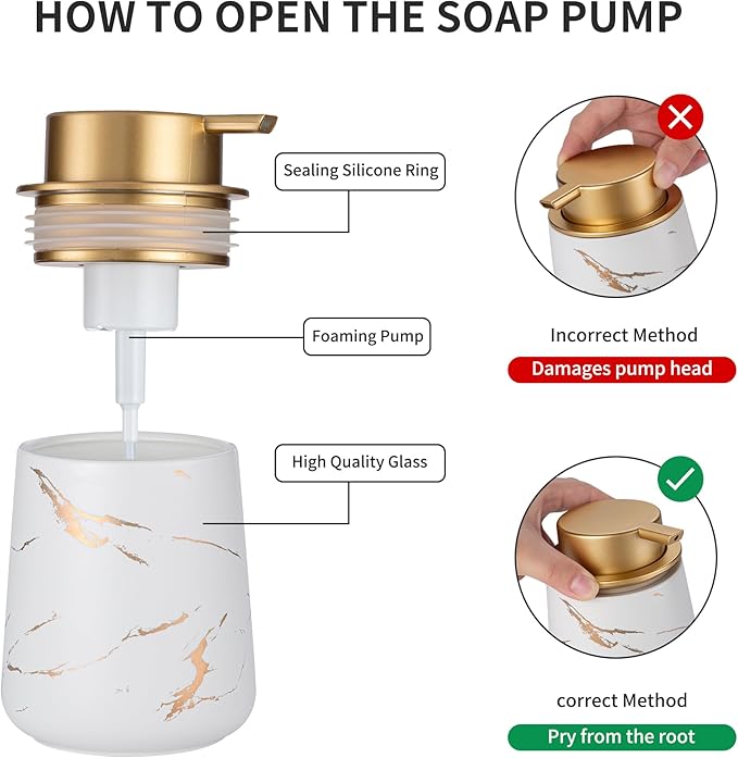 Enra Hand Foaming Gold Soap Dispenser,12 oz Ceramic Foam Soap Dispenser for Bathroom Countertop Kitchen Dispenser for Dish Soap with Easy-to-Press (Glod Foam Type2)