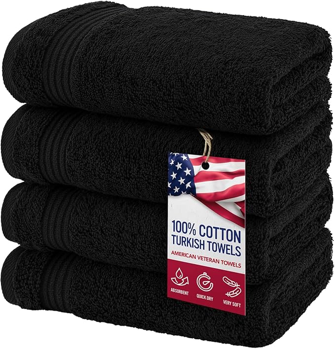 American Veteran Towel, Hand Towels for Bathroom Set of 4, 100% Cotton Turkish Hand Towel Sets, Soft Hand Face Towels, Black Hand Towels