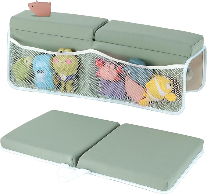 Baby Bath Kneeler and Elbow Rest Pad Set, 1.5 Inch Thick Memory Foam Soft Bath Kneeler with Bath Toys Organizer, Non-Slip, Quick-Dry, Foldable Kneeling Mat, Ideal Gift for Parents