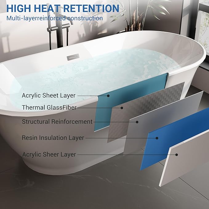 Freestanding Bathtub 59 Inch Oval Acrylic Soaker Tub – Flared-Edge Free Standing Bathtub with Gray Exterior White Interior, Chrome Drain & Overflow