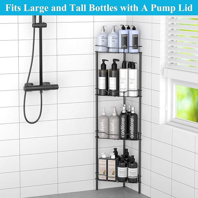 4 Tier Floor Standing Corner Shower Caddy Organizer Shelf with Hooks, Bathroom Shelves Stand Rack, Black