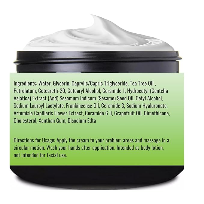 Essentially KateS Tea Tree 2.5% Body Cream Massage Lotions 4 oz, Infused with Centella Asiatica and Frankicensae Oil - Soothing, Hydrating, and Revitalizing - Fights Sore Muscle and Stiffness.