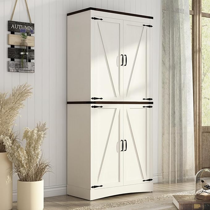 71" Tall Kitchen Pantry,Farmhouse Storage Cabinet with Adjustable Shelves,Load-Bearing Steel Pipe,Farmhouse Pantry Cabinet with 4 Barn Doors,for Kitchen,Dining Room,Living Room(Rustic White)