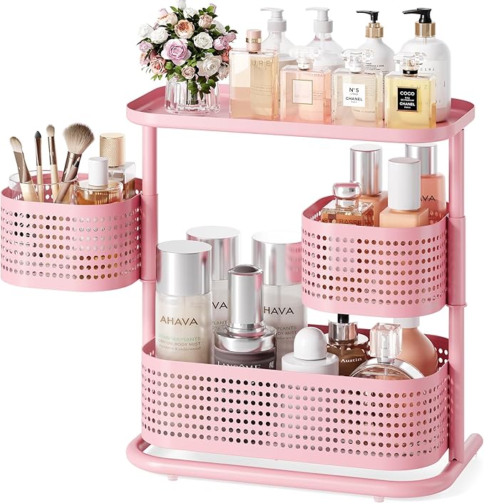 KINGRACK 3 Tier Bathroom Organizer Countertop, Multi-Purpose Makeup Organizer, Rotating Desktop Skincare Organizer, Vanity Tray Standing Rack for Bathroom, Pink