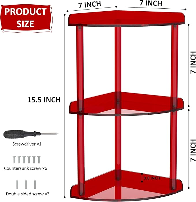 3 Tier Countertop Corner Organizer Shelf 7x7x15.7 Inch, Red Countertop Acrylic Bathroom Corner Shelf, Vanity Storage Organizer for Cosmetics, Toiletries