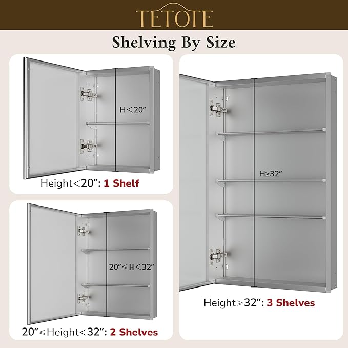 TETOTE 24 x 32 Bathroom Mirror Cabinet with Tempered Beveled Mirror Silver Medicine Cabinet Aluminum Cabinet DTC Hinges, Stepless Adjustable Shelves, Recessed/Surface-Mounted