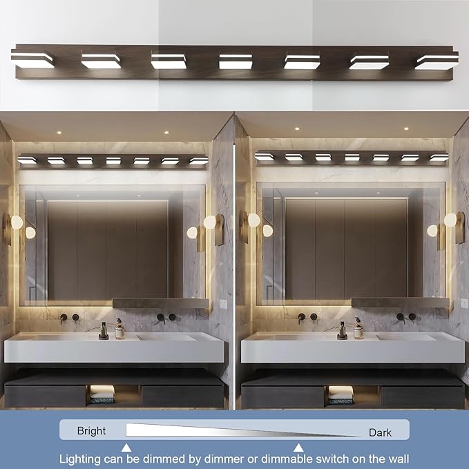 SineRise LED Modern Bathroom Vanity Light Fixtures (7-Light, 55-Inch, Dimmable), Brown Wood Painted Modern Acrylic Bathroom Wall Lighting Fixtures Over Mirror (Cool White 6000K)