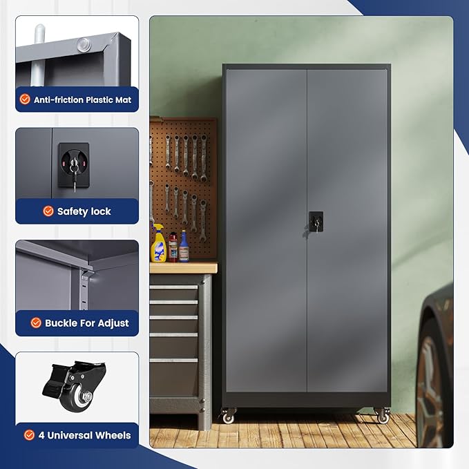 Yizosh Metal Garage Storage Cabinet with Locking Doors and Adjustable Shelves,- 75" Rolling Steel Tool Cabinet for Home Office,Garage,Warehouse