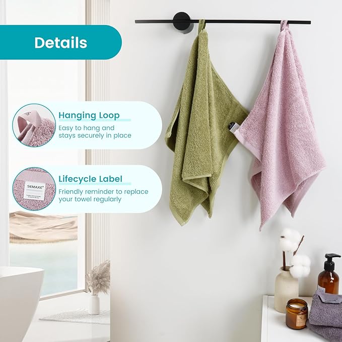 SEMAXE 12-Piece Family Bathroom Towel Set - 100% Cotton, 4 Bath Towels, 4 Hand Towels, 4 Washcloths, Ultra-Soft and Super Absorbent, Lighter Weight