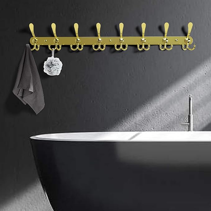Dseap Coat Rack Wall Mount - 29.5” Long 8-Tri-Hooks Heavy Duty Coat Hanger Rail Wall Hooks for Hanging Coats Hats Clothing Clothes Purse Mudroom Entryway, Gold