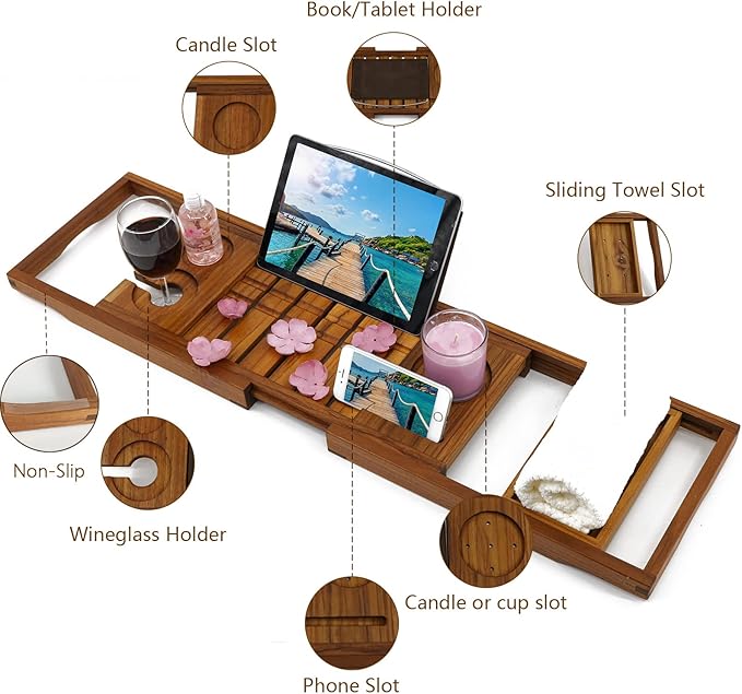 Utoplike Teak Bathtub Caddy Tray Bath Tray for Tub, Unique Bathtub Organizer with Book Tablet Wine Glass Cup Towel Holder, Adjustable, for Your Loved