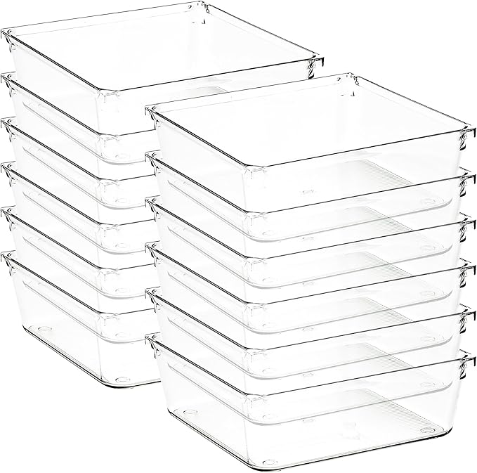 12 Pack Drawer Organizer - 6" X 6" Clear Acrylic Storage Bins with Non-Slip Pads, Versatile Desk Tray for Makeup, Jewelry, Kitchen, Bathroom, and Office Organization