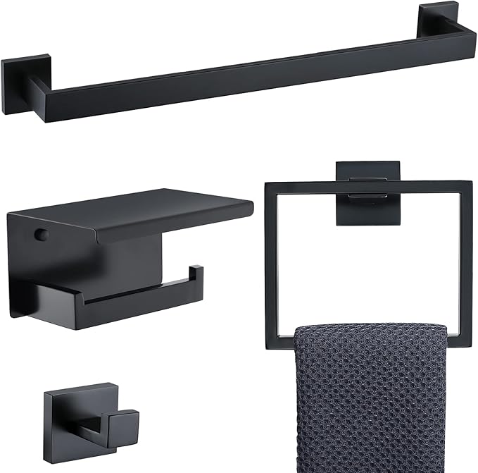 Bathroom Towel Bar Holder Sets Matte Black 4-Piece Bathroom Hardware Set Stainless Steel Bath Accessories Kit. Wall Mounted,23.6 Inch