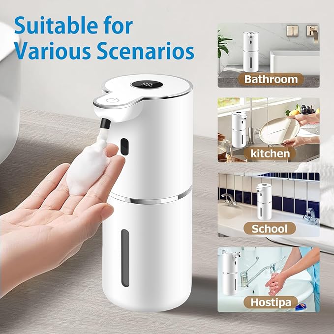 Automatic Foaming Soap Dispenser 12.8oz, Rechargeable & 6 Levels Foaming Adjustable with Digital Display, Wall Mount, Waterproof, Touchless Hand/Dish Soap Dispenser for Kitchen, Bathroom, Hotel