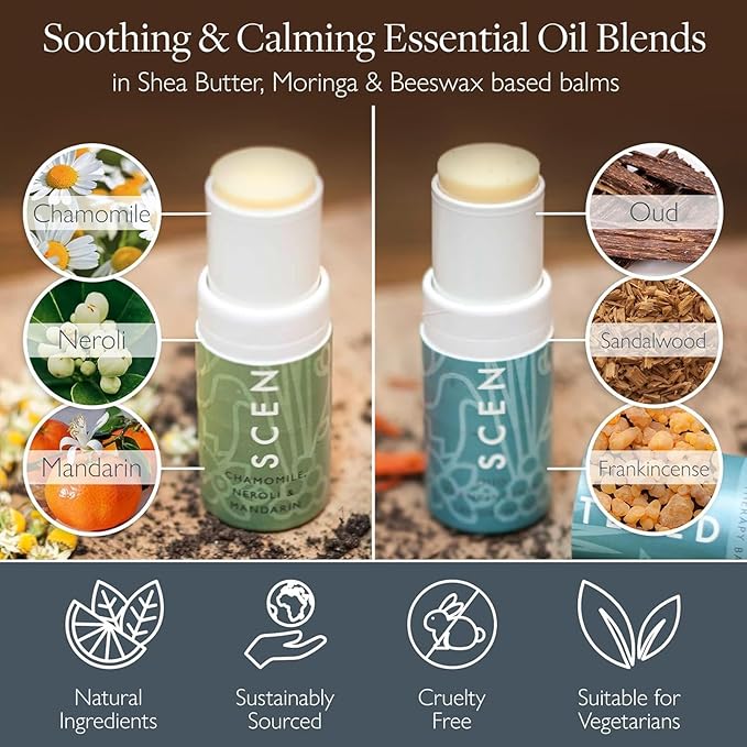 Scentered Aromatherapy Balm Stick Duo for Stress-Relief & Meditation - Roll On Essential Oil Blends of Frankincense, Oud, Chamomile - Aromatherapy Gifts for Women - De-Stress & Escape
