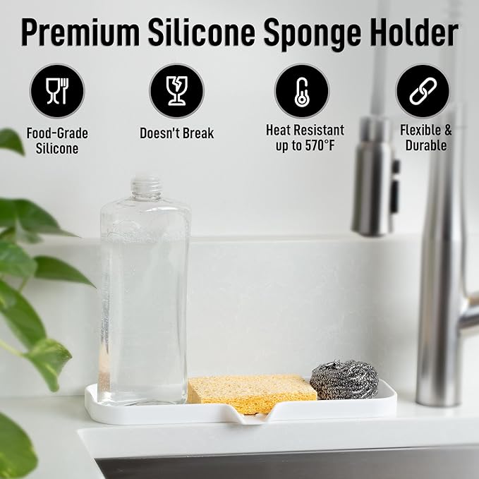 Zulay Kitchen Large Silicone Sponge Holder (12x4) – Flexible Sink Organizer Tray for Kitchen & Bathroom – Multipurpose Soap Dish for Sponges, Makeup, Trinkets & More (White)