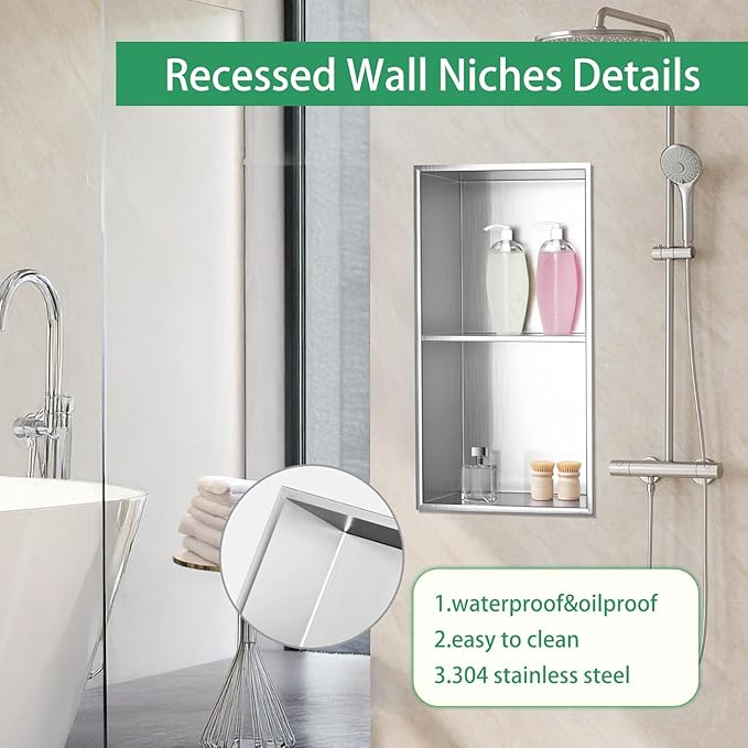 SaniteModar Shower Niche, Stainless Steel Shower Niche 12" X 24" No Tile Needed, Recessed for Bathroom Storage, Brushed Silver Double (Brushed Silver, 12x24,Double)