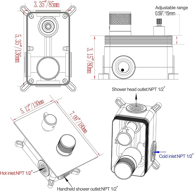 Temperature Display 2 Way Shower Valve Brass Rough-in and Rectangle Trim Kit, Dual Function Digital Shower Mixer Valve, Chrome