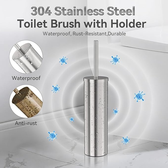 DOWRY Stainless Steel Freestanding Toilet Bowl Brush and Holder with Long Handle for Bathroom Storage Organization,Sturdy Deep Cleaning Toilet Bowl Cleaner,Nickel Round