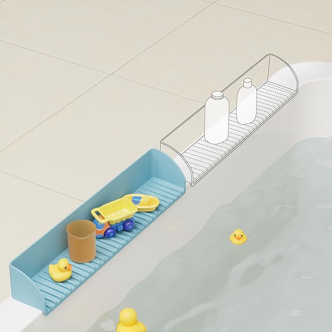 Roslim 2 Pack Splash Guard for Bathtub & Sink - Silicone Kids Bath Splash Guard Shelf, Bath Toy Tray Holder, Tub Water Splash Guard with 4 Suction Cups, Bathroom Accessories for Kids Bath, Blue