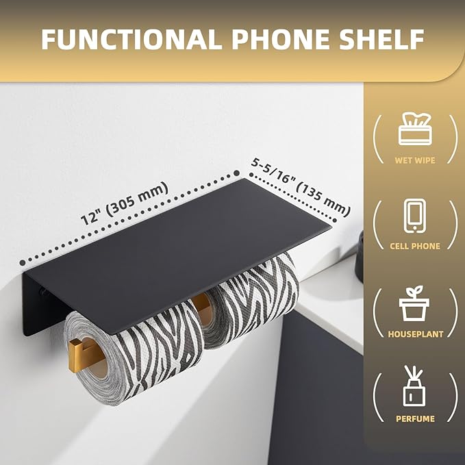 Angle Simple Double Toilet Paper Holder with Shelf, 304 Stainless Steel Bathroom Toilet Tissue Roll Holder for Wall Black and Gold