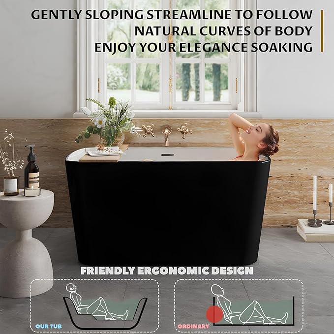 49" Acrylic Freestanding Bathtub - Japanese Square Soaking Tub with Built-in Seat, Toe-Tap Drain & Overflow, Black,Compact Space-Saving Bath for Bathrooms