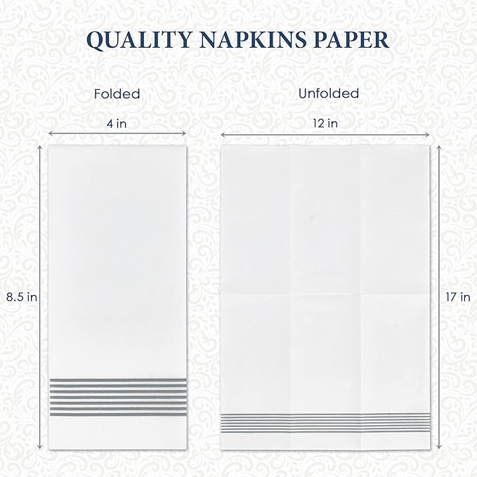 LITOPAK 200 Pack Guest Towels Disposable, Soft and Absorbent Bathroom Napkins, Paper Guest Towels for Bathrooms, Party, Wedding or Events. White and Silve