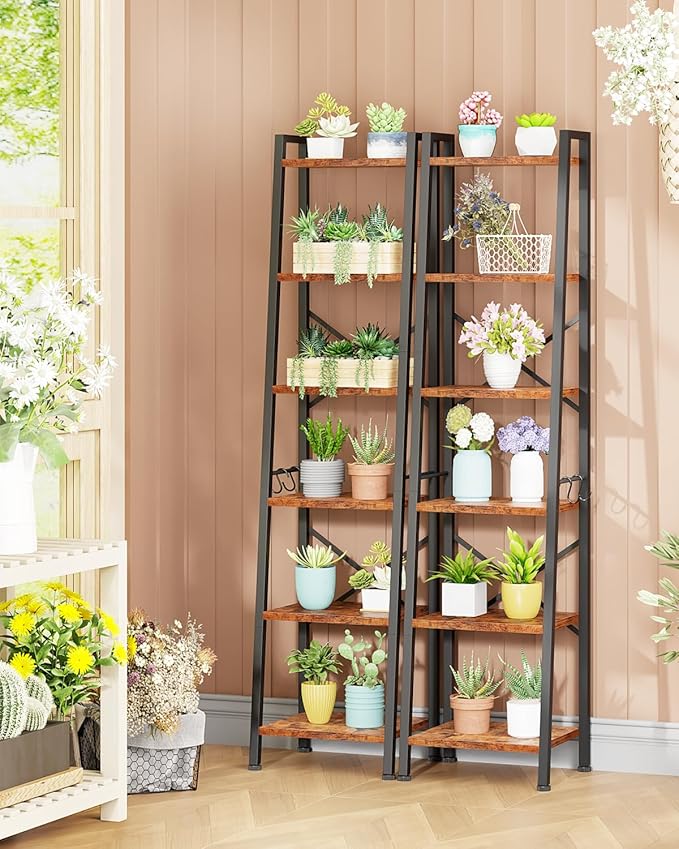 Furologee 6 Tier Ladder Shelf Bookcase, Tall Ladder Bookshelf Narrow with 2 Hooks, Industrial Metal Wooden Shelf Free Standing, Skinny Bathroom Shelves for Bedroom Living Room Kitchen, Rustic Brown