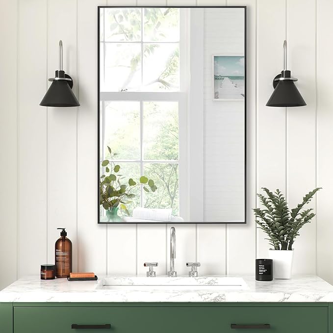 24x32 Inch Black Bathroom Mirror, Copper-Free Aluminum Alloy Frame Vanity Mirror, Rectangle Wall Mounted Modern Mirror for Bedroom/Living Room/Porch Horizontal or Vertical