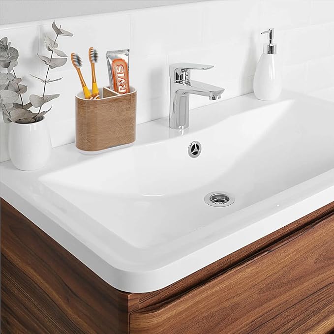 Toothbrush and Toothpaste Holder with Divider for Bathroom Countertop Organizer, 2 Slots Electric Toothbrush Holders Storage Caddy Drainage for Family, Kids(Wood Grain)