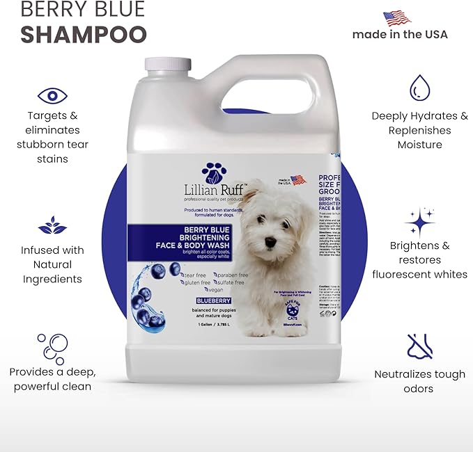 Lillian Ruff PRO Formula Berry Blue Brightening Pet Shampoo - Ultra-Hydrating Professional Whitening Dog Shampoo, Vivid Show-Quality Coat Enhancer, Tear Stain & Odor Eliminator - Vitamin B5 (Gallon)