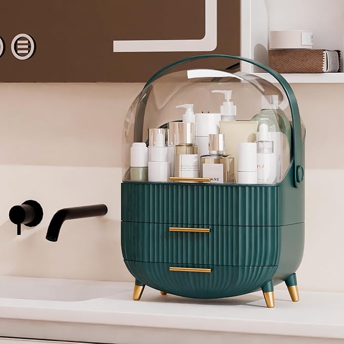 Makeup Organizers and Storage Make up Organizer for Vanity Cosmetics Skincare With Lid and Drawers Display Cases for Countertop Bathroom Women Teenager Girl Gifts(Dark Green)