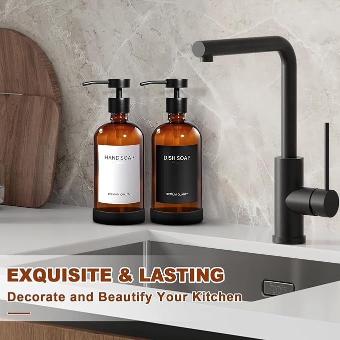 Amber Glass Soap Dispenser 2 Pack, Hand Soap Dispenser Bathroom with Stainless Steel Pump, 16.9 Fl oz Hand and Dish Soap Dispensers Set Kitchen, Modern Brown Soap Lotion Dispensers Bottle