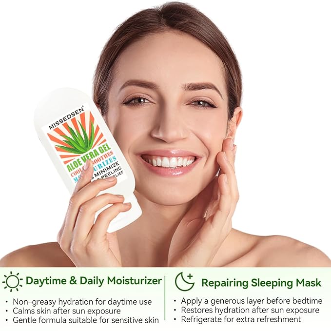 Pure & Organic Aloe Vera Gel for Sunburn Relief, After Sun Lotion for Face & Body Skin Care, Daily Facial Moisturizer & Acne Spot Treatment 7 OZ