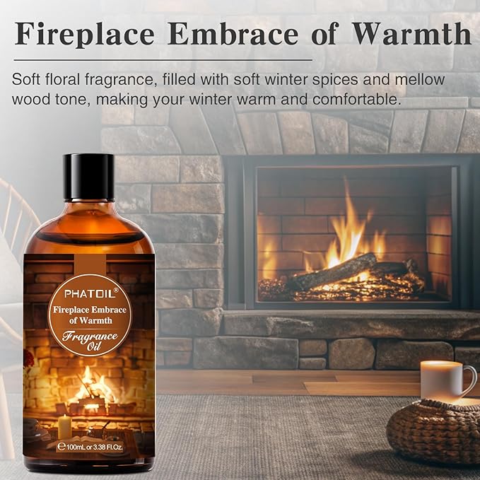 PHATOIL 3.38FL.OZ Fireplace Embrace of Warmth Fragrance Oils for Aromatherapy, Essential Oils for Diffusers for Home, Perfect for Diffuser, Yoga, Skin Care, DIY Candle and Soap Making - 100ml
