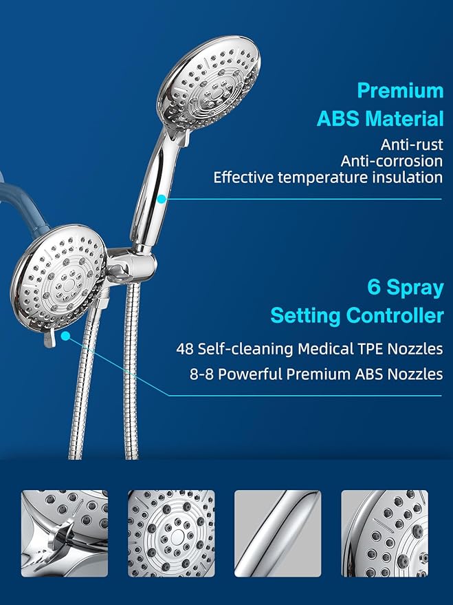 Cobbe 48-Setting High Pressure 3-Way Shower Head Combo, Hand Held Shower & Rain Shower Separately or Together, 4.7" Dual 2 in 1 Showerhead with Stainless Steel Hose - Chrome - U.S. Invention Patents