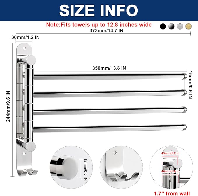 NearMoon Swivel Towel Rack, 13.8" Thicken 304 Stainless Steel 4-Arm Towel Bar, Space Saving Wall Mounted Towel Holder with Hook, Rustproof Swing Out Towel Hanger for Bathroom, Kitchen (Chrome Finish)